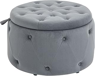 HOMCOM Sitzhocker mit Stauraum, Polsterhocker Aufbewahrungsbox mit Deckel, Runde Ottomane, Sitztr…