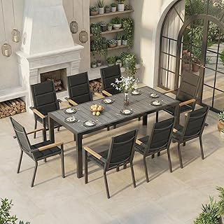 TRIUMPHKEY Gartenmöbel Set 8 Personen, Balkonmöbel mit Aluminium, 8 Stapelstühle mit Holzmaser…