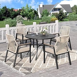 PHI VILLA Gartenmöbel Set Outdoor Balkon Esstisch mit 4 Rattan Stühlen und 1 Rund Metall Garten…