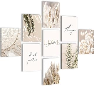 Novart Wandbilder Boho – KOMPLETT AUFHÄNGFERTIG – Pampasgras Wohnzimmer Schlafzimmer- 9 Moderne …